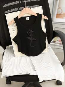SHEIN Tween Girl 2pcs Rose Printed Sleeveless Top And Solid Color Pants Set