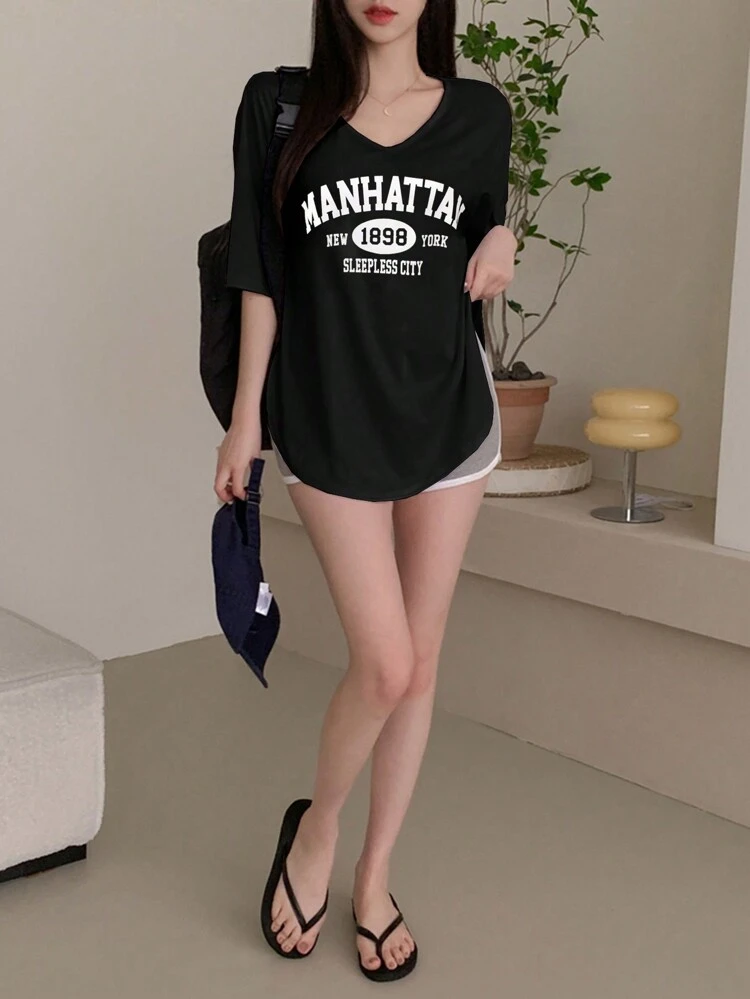 Women's Summer Letter Printed V-Neck Short Sleeve Casual T-Shirt With Flower Detail Jersey Oversized T-Shirt