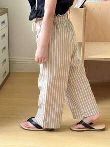 SHEIN 青少女條紋紙袋腰寬腿休閒長褲，適用於度假 - 白色 - 查看 3