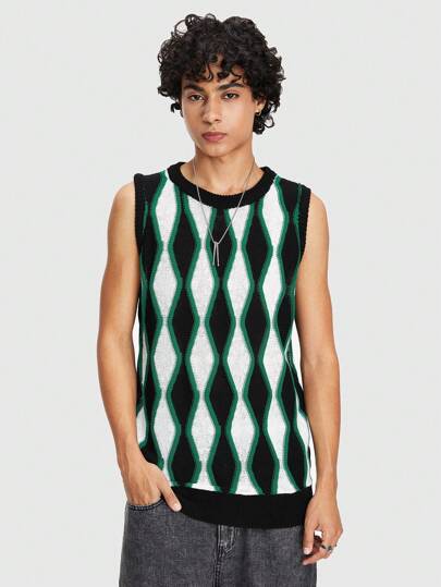 Pull tricoté sans manches décontracté pour homme, à col rond avec motif losange imprimé