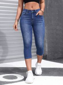 SHEIN EZwear Calça Denim Feminina Skinny 3/4 Simples Para Uso Diário - Lavagem Média - Visão 4