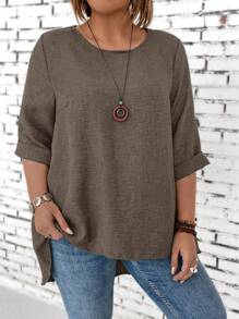 大码圆领纯色休闲中袖衬衫，适合日常夏季穿着 - 鏽棕色 - 查看 3