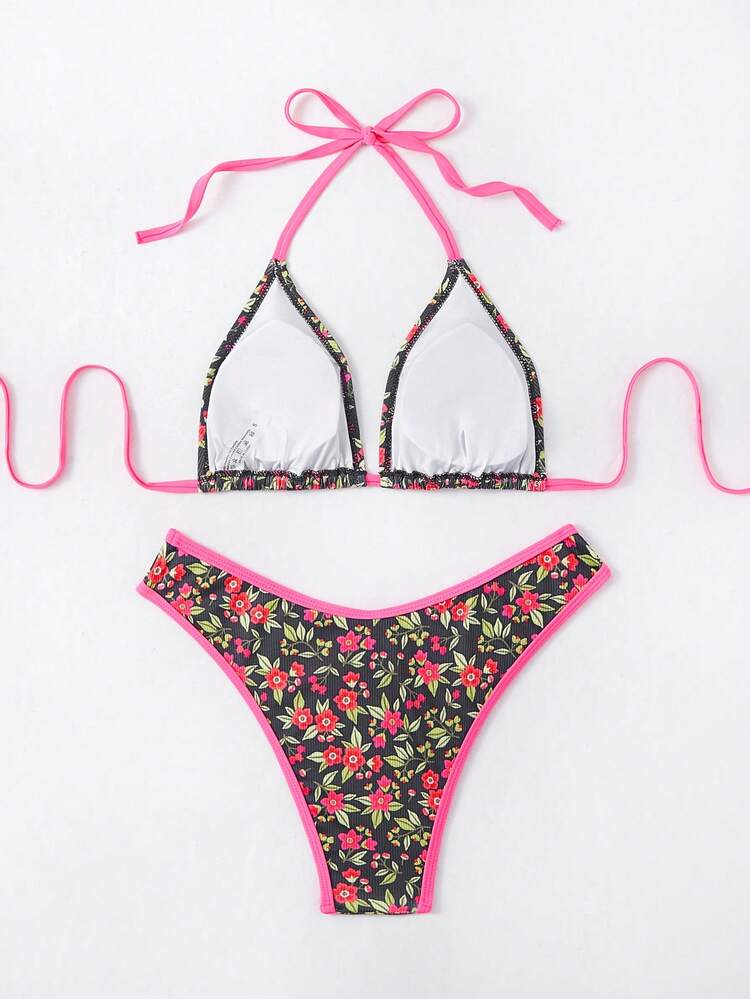 Women's Floral Print Halter Neck Tie Sexy Bikini Set For Vacation Summer