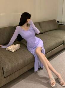 DAZY 女士简约日常网纱拼接连衣裙 舞会礼服 优雅女装 - 淡紫色 - 查看 6