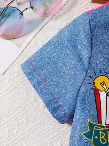 Sparklyn Tween Girl Fashionable Color Block Stationery Pattern Printed Short Sleeve Dress - Multicolor - View 4