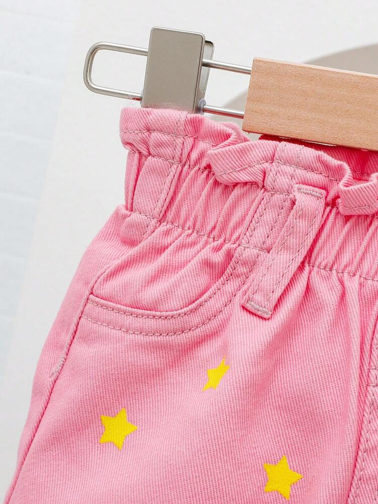 Baby Girl Denim Shorts, Washed Casual Ruffle Hem With Stars Pattern