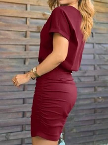 SHEIN LUNE Đầm hè nữ màu trơn, kiểu dáng thường ngày, xếp ly ở eo. - Màu Đỏ Sâu - Xem 2