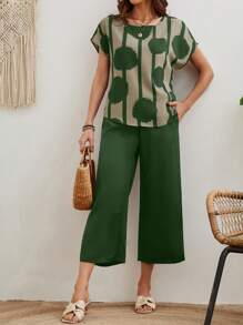 EMERY ROSE 女士纯色圆领短袖上衣和长裤夏季休闲度假装夏装套装两件套外出套装 - 綠色 - 查看 3