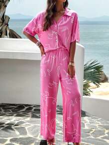 INAWLY Ladies' Vacation Casual 2pcs Random Printed Short-Sleeved Shirt And Long Pants Set - Watermelon Pink - View 6