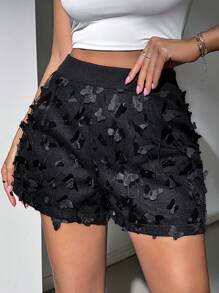 Allurite 3D Butterfly Embroidery Women's Shorts - Black - View 4