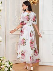 Loomaby Maternity Elegant Rose Floral Print V-Neck Wrap Short Sleeve Dress, Loose Fit For Pregnant Women - Red and White - View 2