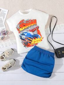 Young Girl Summer Cool Sports Casual Tee & Ruched Skirt 2pcs/Set Outfit, School, Campus, College - Blue - View 1