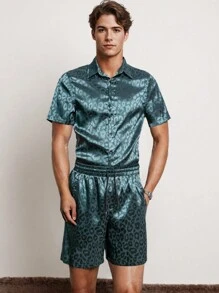 Men's Spring/Summer Leisure Jacquard Short Sleeve Shirt Set - Dark Green - View 5