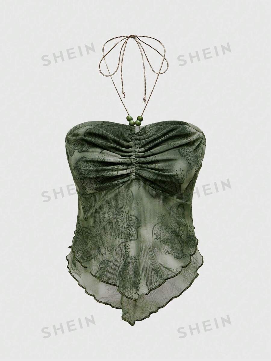 ROMWE Hippie Top asimétrico sin mangas de verano para mujer con cuello halter, dobladillo fruncido y estampado de cachemira - Verde - Ver 1