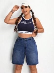 SHEIN EZwear Plus Size Women's Solid Color Simple Style Casual Denim Shorts - Dark Wash - View 3