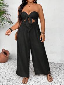 SHEIN VCAY 大尺碼假日無肩帶連身褲，長褲款式 - 黑色 - 查看 4