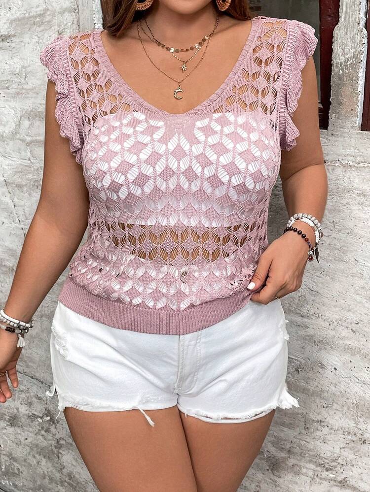 Plus Size Hollow Out Cap Sleeve Top For Vacation