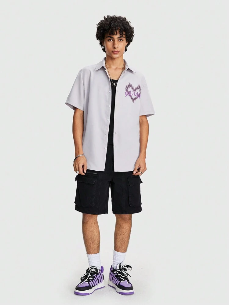 Men Casual Short Sleeve Shirt With Heart And Letter Print For Summer