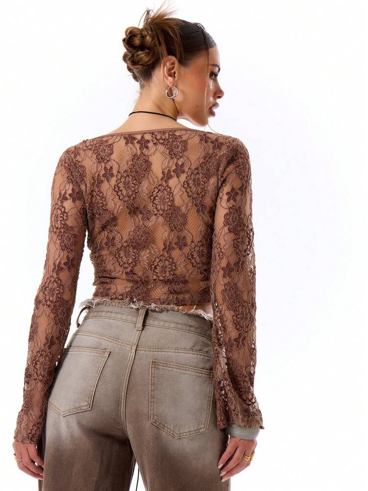 Sheer Lace Tie Detail Long Sleeve Top Summer Ibiza Sexy Club Boho Festival Boho Holiday Spring Summer