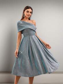 SHEIN Belle Elegant, Luxurious And Fashionable Women's Clothing, With Asymmetric Shoulder Folding Decoration, High Waist A-Line Design, And Umbrella-Shaped Edging. Suitable For Mother's Day, Back-To-School Season, Graduation Parties, Tea Parties, Dates, Cocktail Parties And Other Occasions.