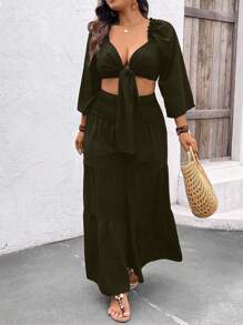 SHEIN Clasi 2 Stücke Set für Damen in Große Größen, bestehend aus einem verkürzten Top mit Sweetheart-Ausschnitt und weiten Hosen mit geradem Bein in einfarbigem Stil, locker geschnitten, ideal für Frühling/Sommer - Armeegrün - Übersicht 5