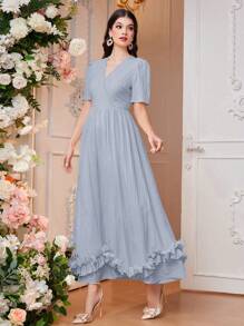 Modelyn Women's V-Neck Casual Short Sleeve Arabic Style Dress With Ruffle Hem For Summer Long Evening Dresses - Blue - View 4