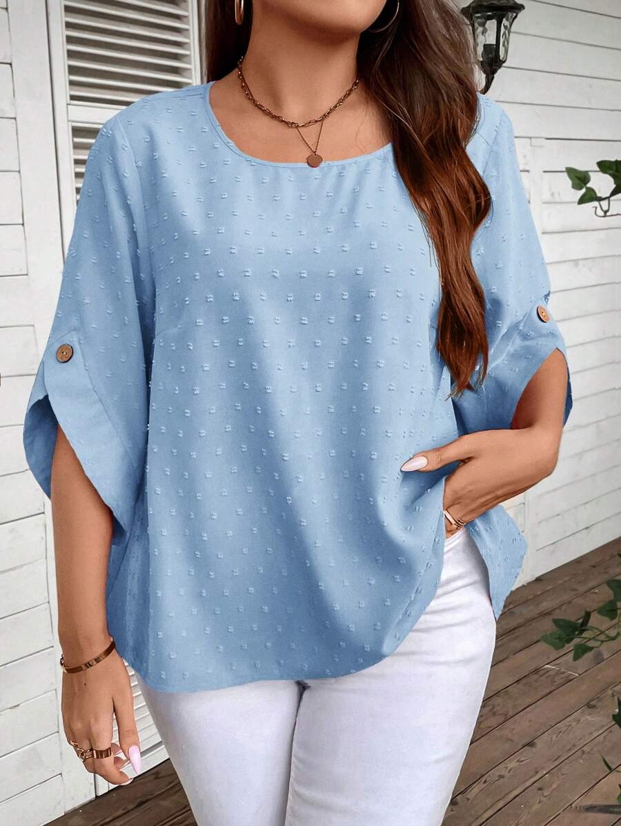 SHEIN LUNE 加大尺碼女性夏季純色圓領短袖寬鬆休閒襯衫 - 藍色 - 查看 1