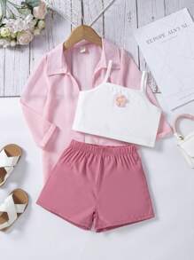 Elladie kids 年轻女孩假日休闲装，带 3D 花卉装饰吊带背心、短裤和外套夹克，女童西装外套套装，女童 3 件套 - 粉色 - 查看 5