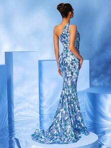 One-Shoulder Light Blue Glitter Evening Dress - Baby Blue - View 2