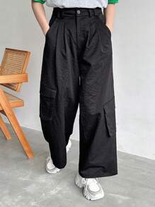 FRIFUL Women's Casual Solid Color Wide Leg Cargo Pants - Black - View 1
