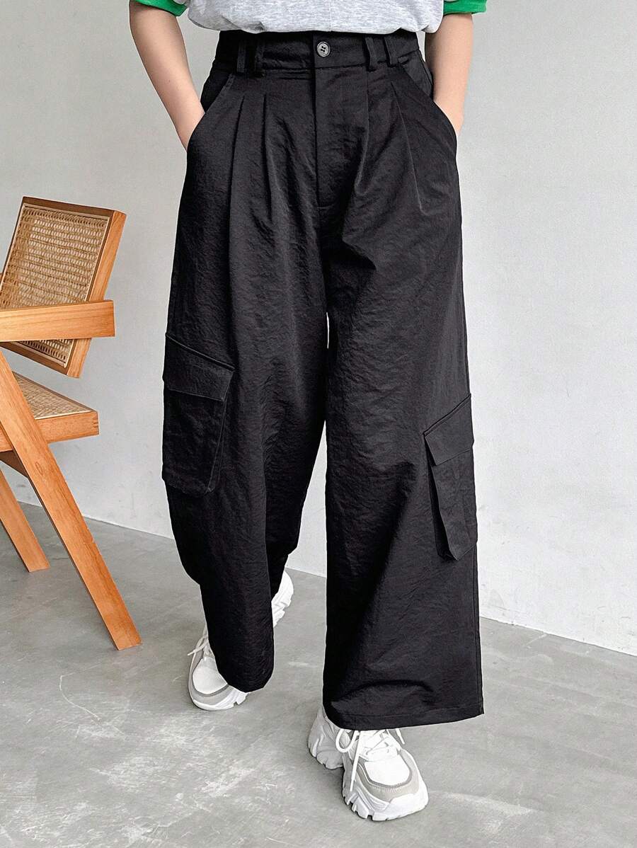 FRIFUL Women's Casual Solid Color Wide Leg Cargo Pants - Black - View 1