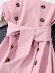 Teen Girl Solid Color Short Sleeve Polo Collar Buttoned Summer Dress With Contrast Trim - Pink - View 4