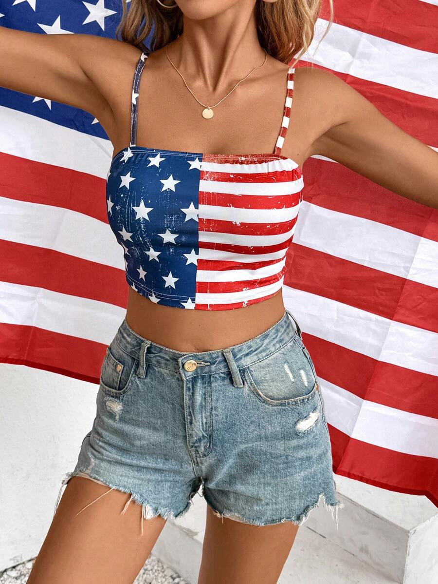 SHEIN Essnce Women's USA Flag Fashionable Independence Day American Flag Printed Tank Top - Multicolor - View 1