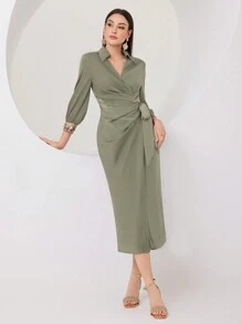 Modelyn Women's Glitter Lace-Up Pleated Solid Color Long Sleeve Dress For Daily Wear Long Evening Dresses