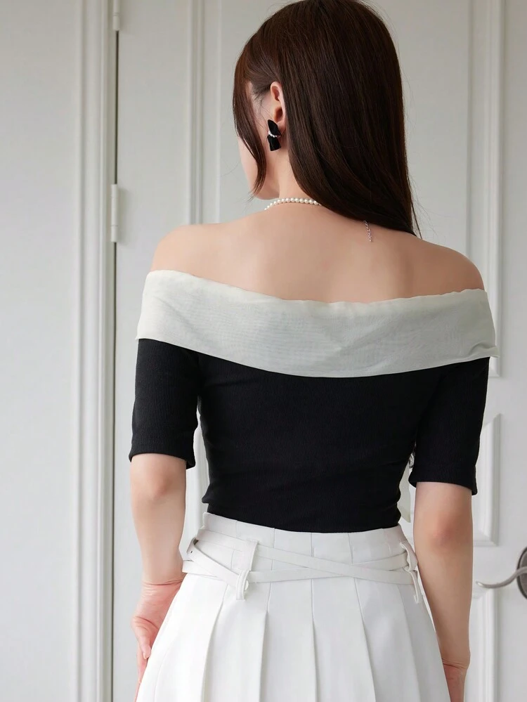 1pc Women's Off Shoulder Contrast Color Bow Decor Fitted Short Sleeve T-Shirt Cute Tops,Crop Tops Women