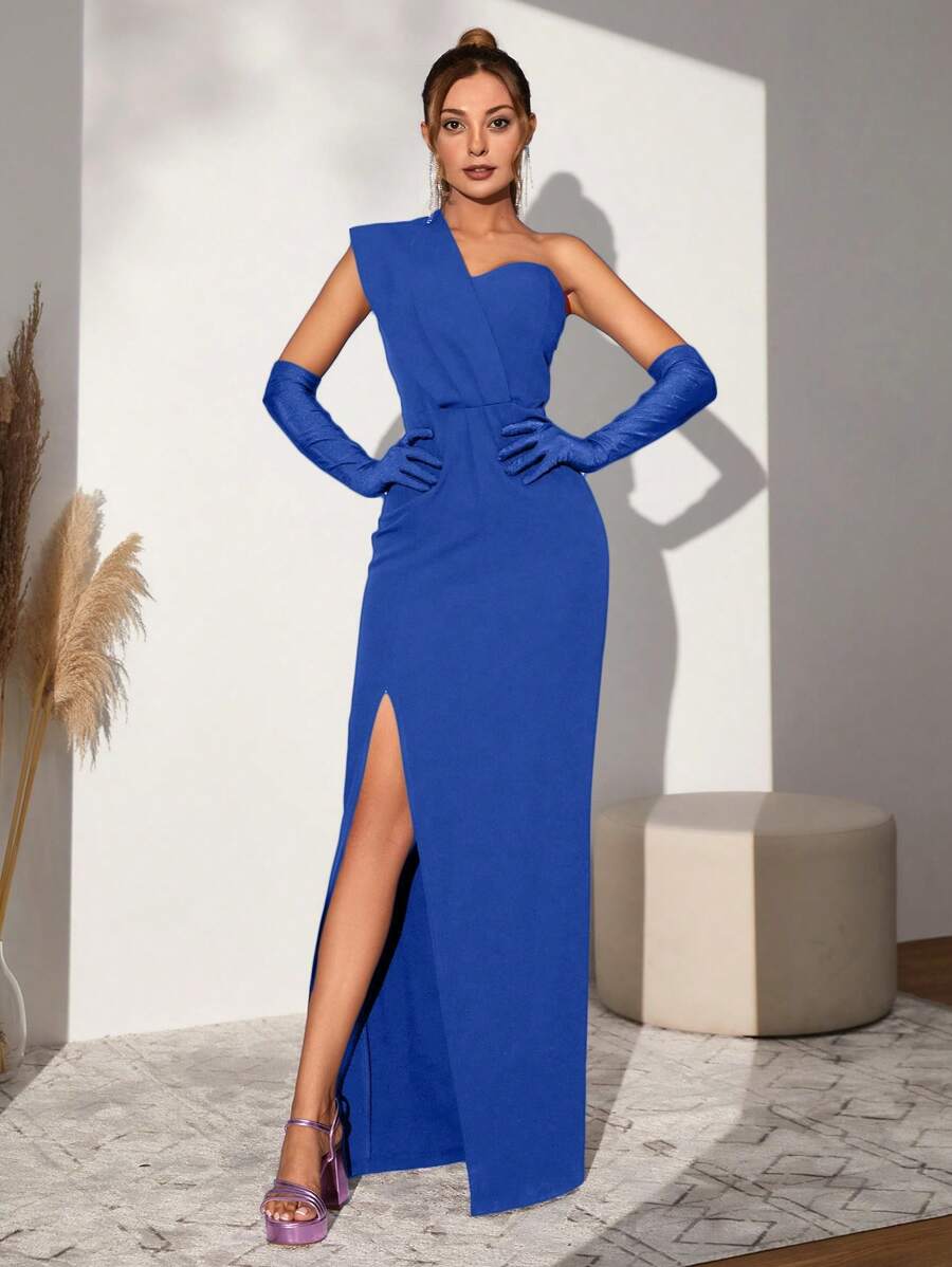 RueChic Vestito Donna Dal Colore Tinta Unita Con Colletto Asimmetrico E Spacco Laterale Alto - Blu reale - Visualizzare 1