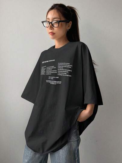 DAZY Women's Summer Slogan Printed Round Neck Oversized Short Sleeve Casual T-Shirt KEEP MOVING FORWARD, Y2k,Graphic Tees