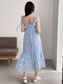 FRIFUL Women's Solid Color Strap Holiday Style Mid-Length Dress,Ruffle