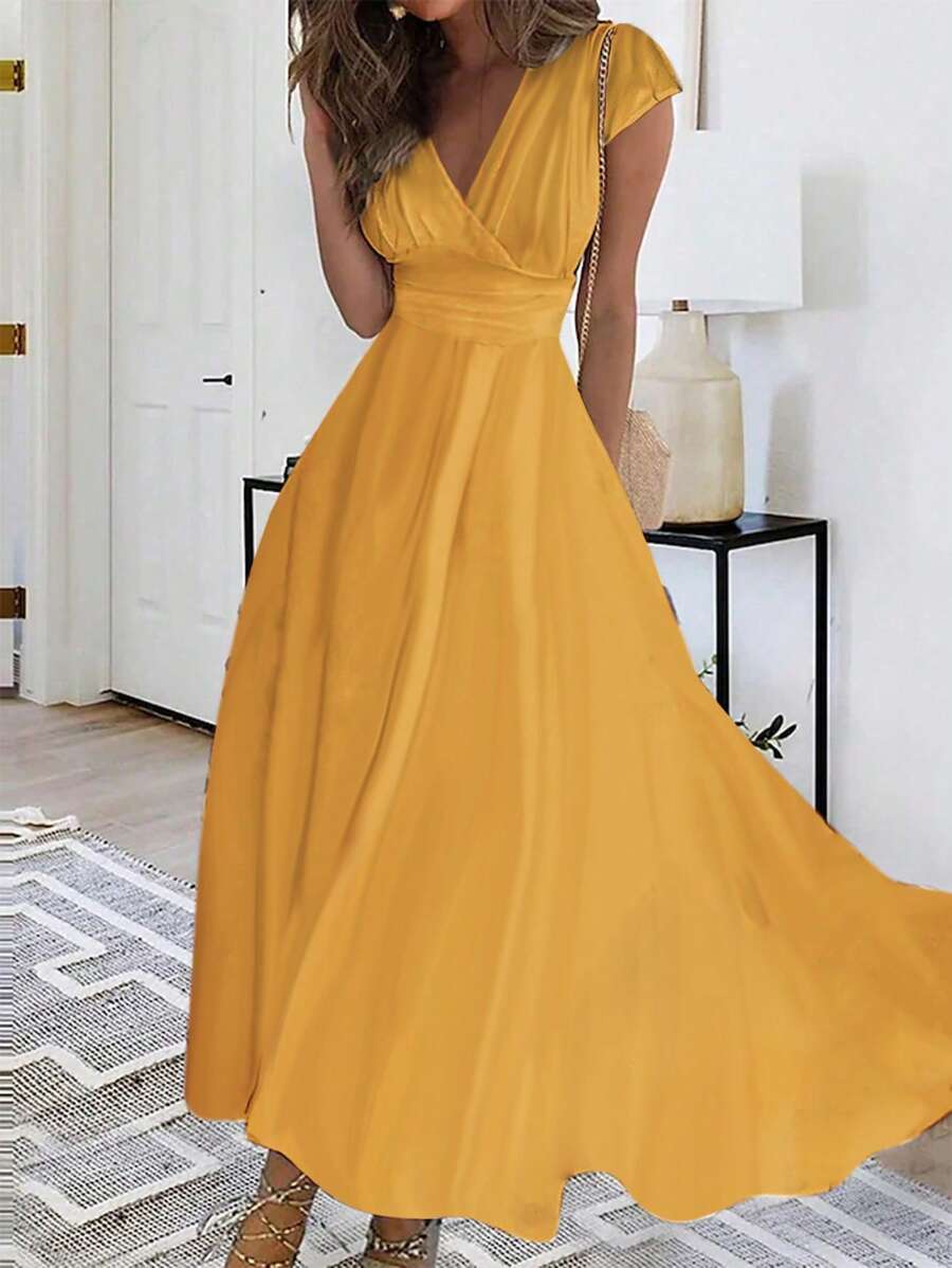 SHEIN Belle Women's Solid Color Wrap Style Waist-Cinched Dress - Yellow - View 1