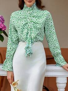 Aveloria 法式优雅单色花卉宫廷领 3D 荷叶边长袖衬衫、花卉衬衫、教师衬衫、飘逸设计 - 彩色 - 查看 1