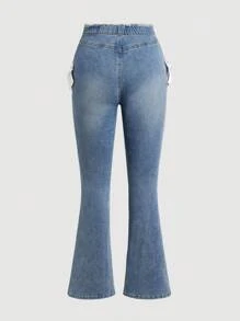 SHEIN MOD Women's Asymmetrical High Waisted Flared Jeans With Bowknot Decoration For Casual Wear - Light Wash - View 2