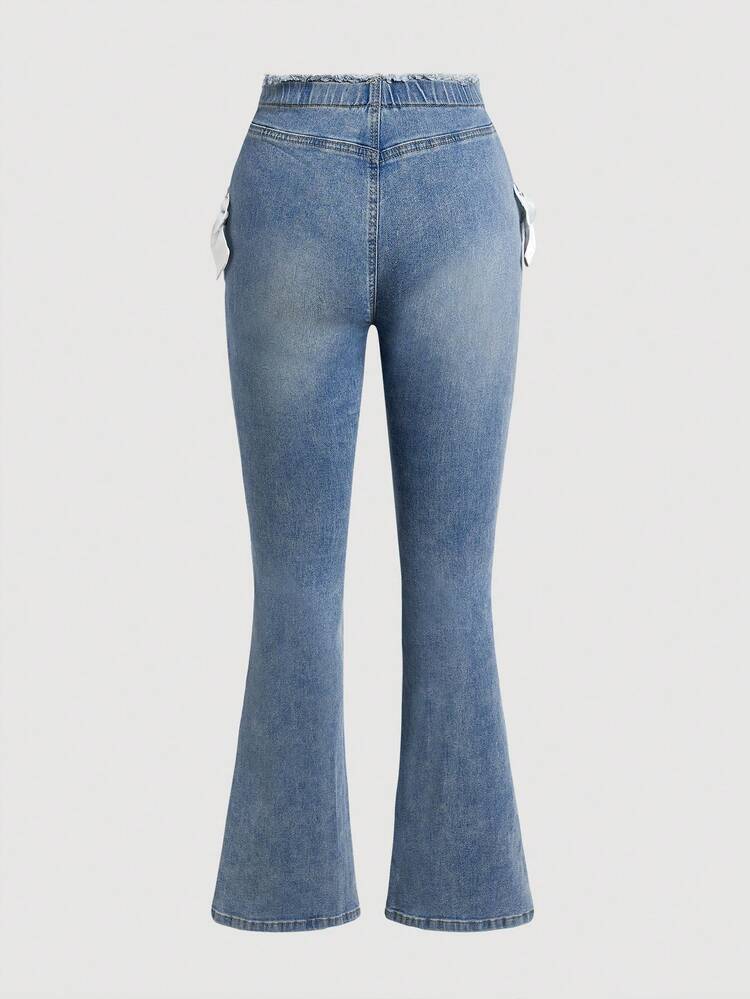 Women's Asymmetrical High Waisted Flared Jeans With Bowknot Decoration For Casual Wear