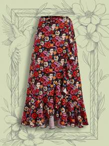 Frida Kahlo X SHEIN Floral & Portrait Printed Ruffle Wrap Tie Waist Women's Skirt - Red - View 6