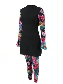 Swim Mulvari Women Printed Splicing Flared Sleeve Burkini Set - Multicolor - View 6