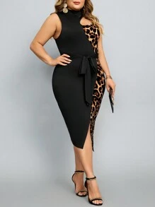 SHEIN Lady Robe moulante sans manches grande taille pour femmes en été, imprimé léopard à patchwork et coupe échancrée