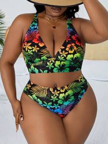 Slaydiva 夏季沙灘大碼女士熱帶植物印花領背心式胸衣和比基尼下擺套裝