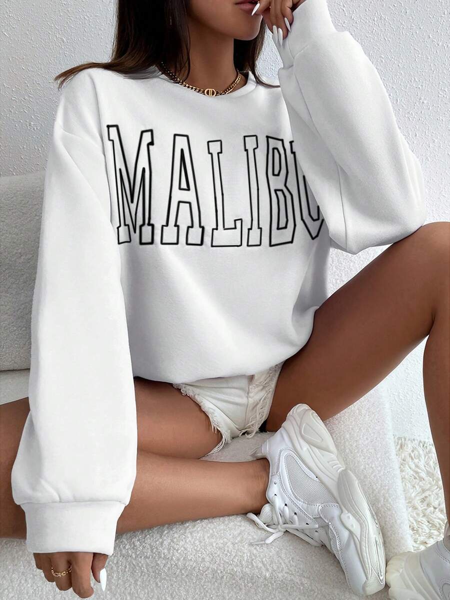 RueChic Letter Embroidery Round Neck Drop Shoulder Sweatshirt - White - View 1