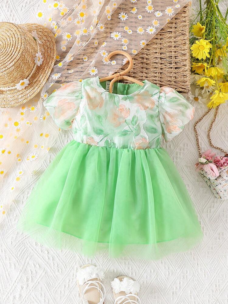 Baby Girl Female's Elegant Flowery Fresh Green Mesh Puff Sleeve Gorgeous Dress, Cute For Spring/Summer