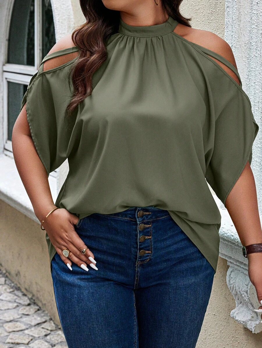 Calvaya Plus Size Solid Color Open Shoulder Casual Daily Wear Summer Shirt St Patrick Day - Army Green - View 1