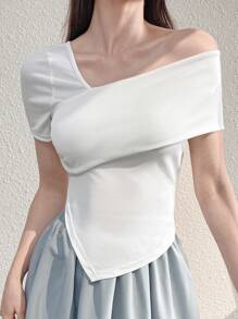 Mulvari Women's Summer Solid Color Asymmetrical Collar Short Sleeve Casual T-Shirt